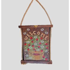 Hand Painted Wood Strawberry Bucket Welcome Sign Daisy Wall Hanging Plaque